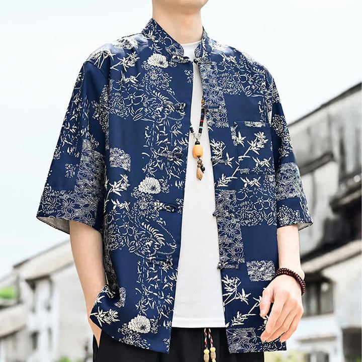 Buddha Stones 夏物唐風 カエルボタン 花柄 葉 蝶柄 メンズ 肘丈袖シャツ 胸ポケット付き - image 12