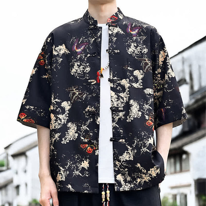 Buddha Stones 夏物唐風 カエルボタン 花柄 葉 蝶柄 メンズ 肘丈袖シャツ 胸ポケット付き - 黒 - US/UK/AU46、 EU56 (5XL) - image 2