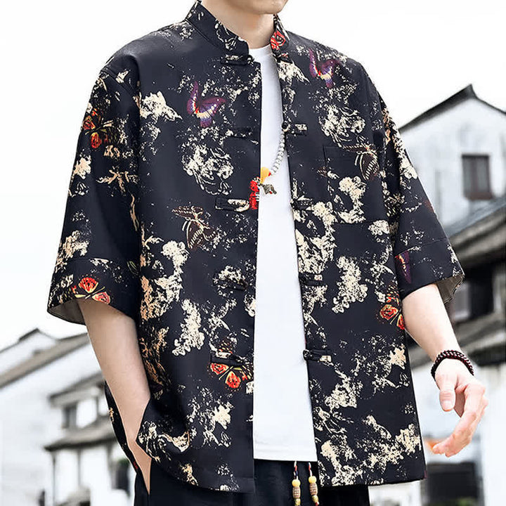 Buddha Stones 夏物唐風 カエルボタン 花柄 葉 蝶柄 メンズ 肘丈袖シャツ 胸ポケット付き - image 4