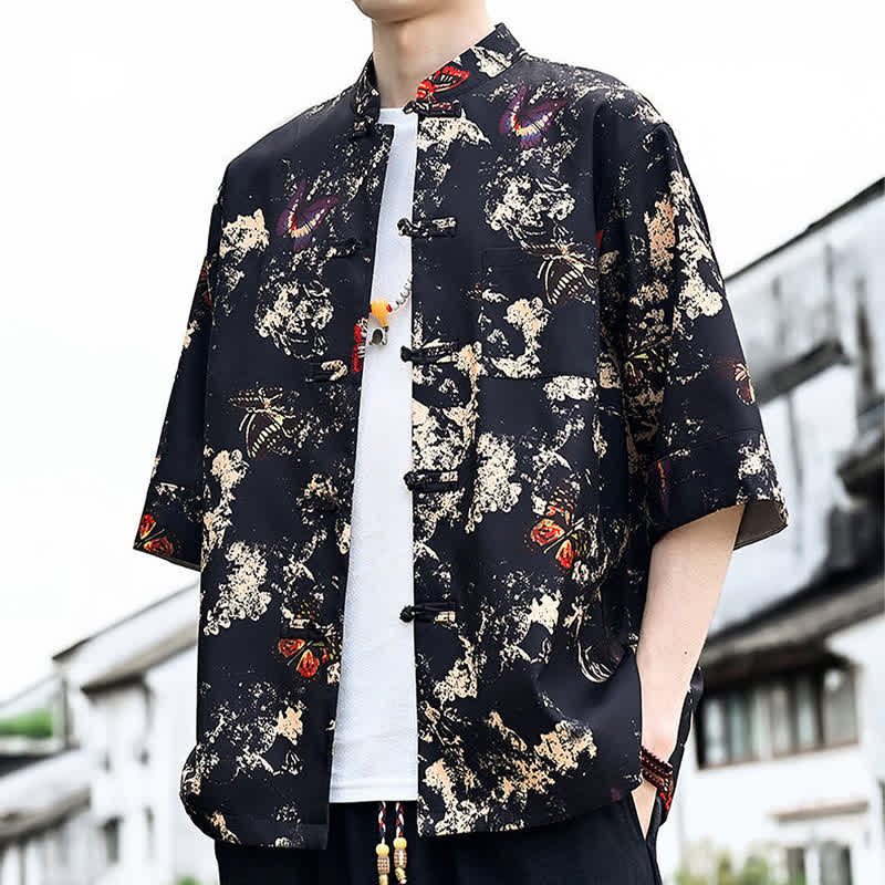 Buddha Stones 夏物唐風 カエルボタン 花柄 葉 蝶柄 メンズ 肘丈袖シャツ 胸ポケット付き - image 0