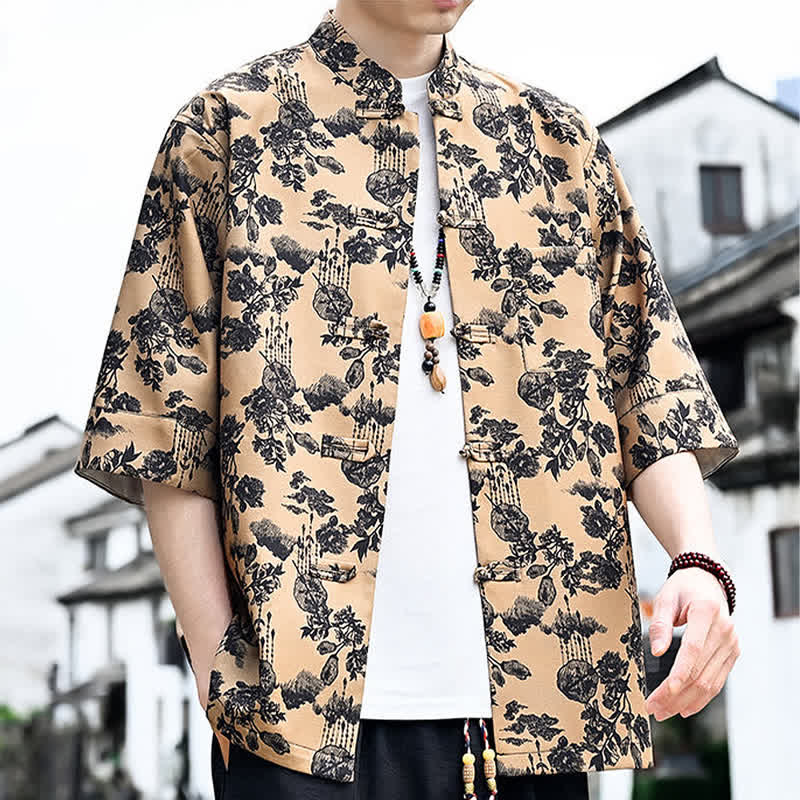 Buddha Stones 夏物唐風 カエルボタン 花柄 葉 蝶柄 メンズ 肘丈袖シャツ 胸ポケット付き - image 18