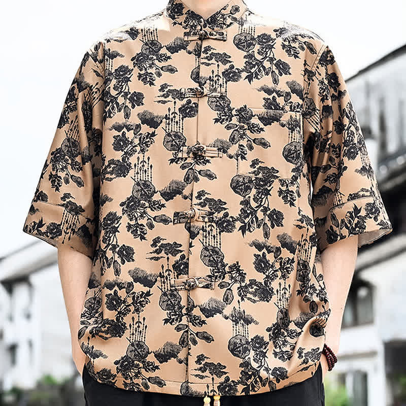 Buddha Stones 夏物唐風 カエルボタン 花柄 葉 蝶柄 メンズ 肘丈袖シャツ 胸ポケット付き - image 16
