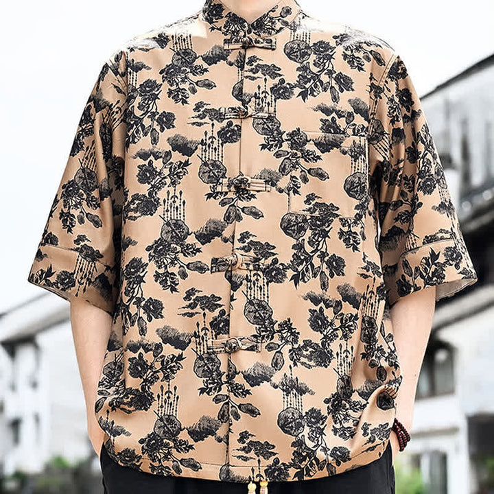 Buddha Stones 夏物唐風 カエルボタン 花柄 葉 蝶柄 メンズ 肘丈袖シャツ 胸ポケット付き - image 16