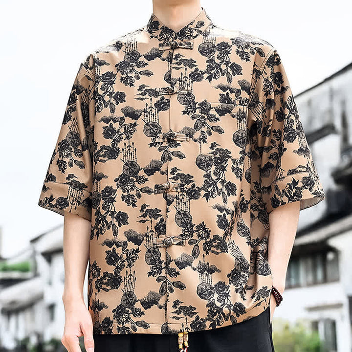 Buddha Stones 夏物唐風 カエルボタン 花柄 葉 蝶柄 メンズ 肘丈袖シャツ 胸ポケット付き - image 17