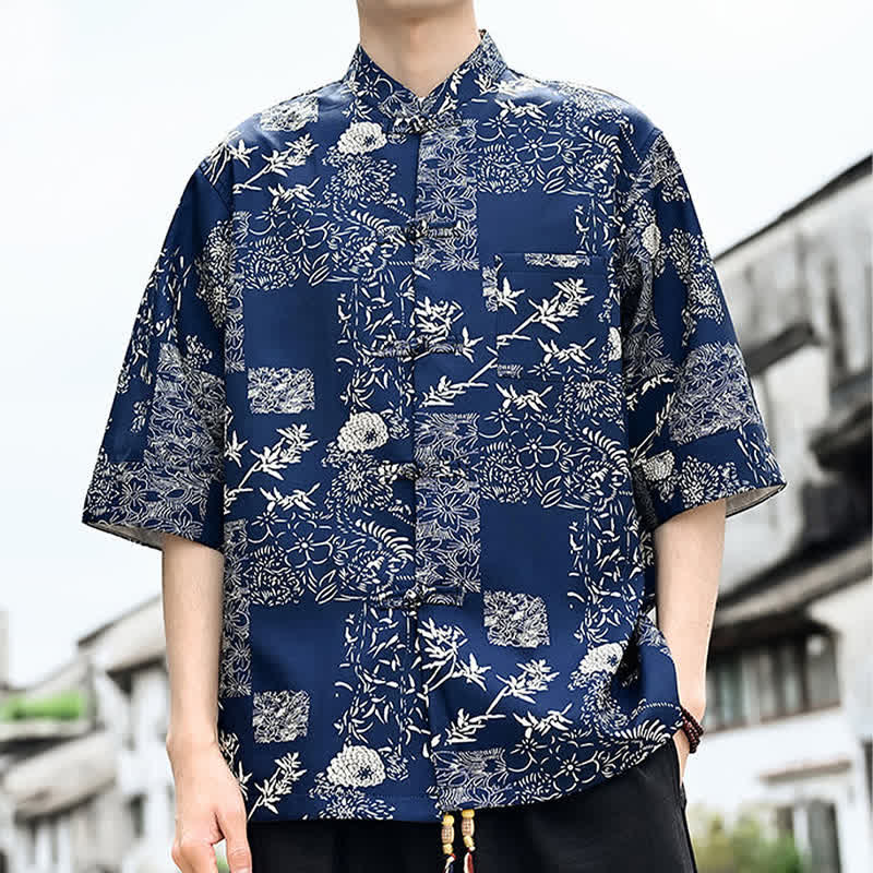 Buddha Stones 夏物唐風 カエルボタン 花柄 葉 蝶柄 メンズ 肘丈袖シャツ 胸ポケット付き - image 9