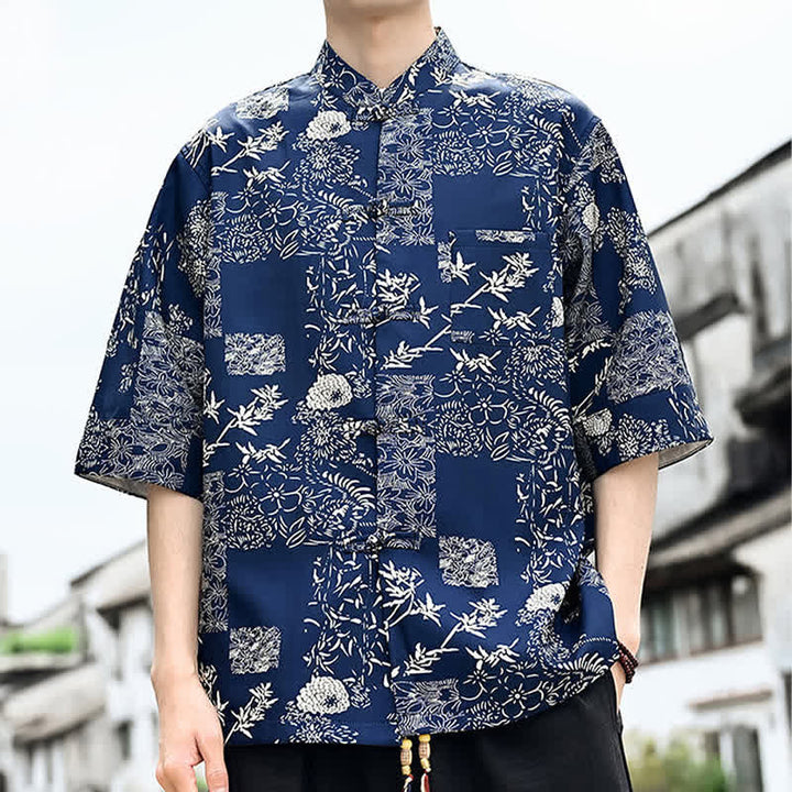 Buddha Stones 夏物唐風 カエルボタン 花柄 葉 蝶柄 メンズ 肘丈袖シャツ 胸ポケット付き - image 9