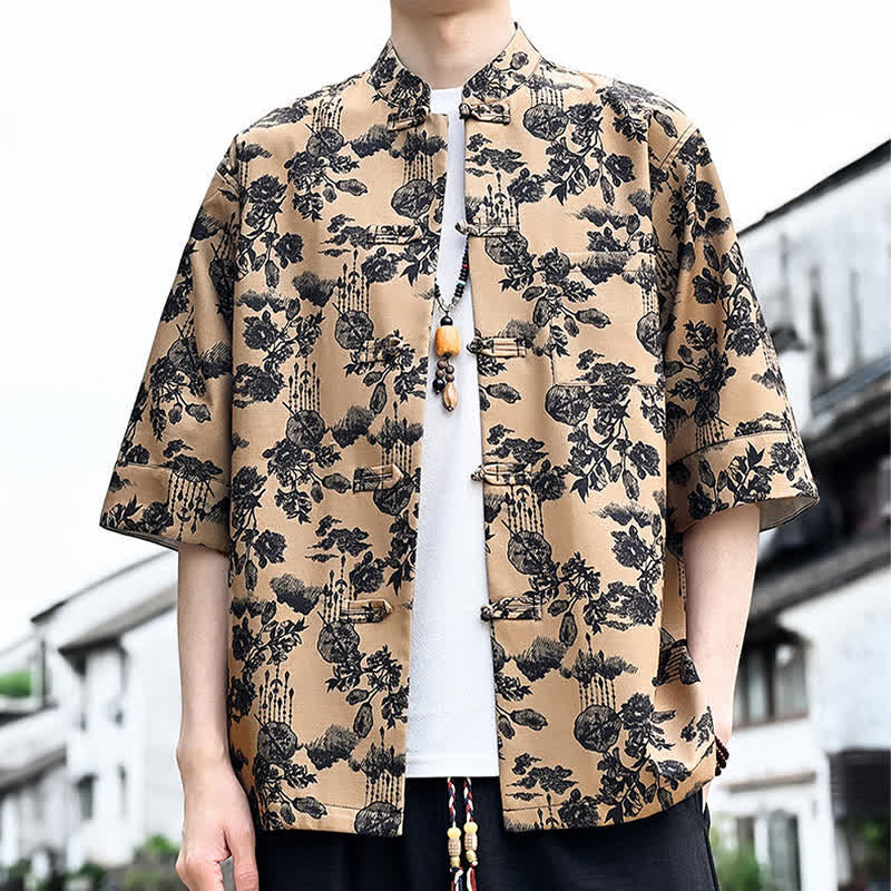 Buddha Stones 夏物唐風 カエルボタン 花柄 葉 蝶柄 メンズ 肘丈袖シャツ 胸ポケット付き - image 15