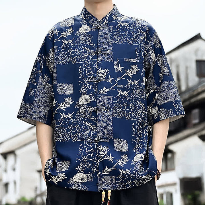 Buddha Stones 夏物唐風 カエルボタン 花柄 葉 蝶柄 メンズ 肘丈袖シャツ 胸ポケット付き - image 10