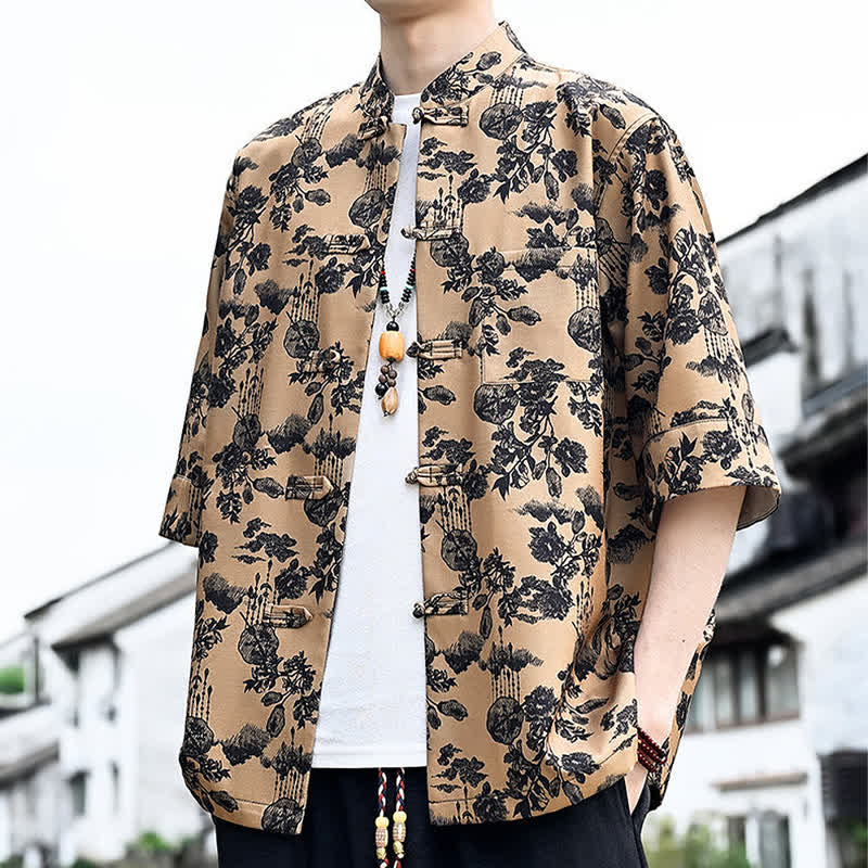 Buddha Stones 夏物唐風 カエルボタン 花柄 葉 蝶柄 メンズ 肘丈袖シャツ 胸ポケット付き - バーリーウッド - US/UK/AU46、 EU56 (5XL) - image 13