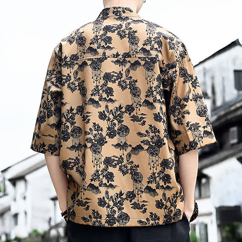 Buddha Stones 夏物唐風 カエルボタン 花柄 葉 蝶柄 メンズ 肘丈袖シャツ 胸ポケット付き - image 14