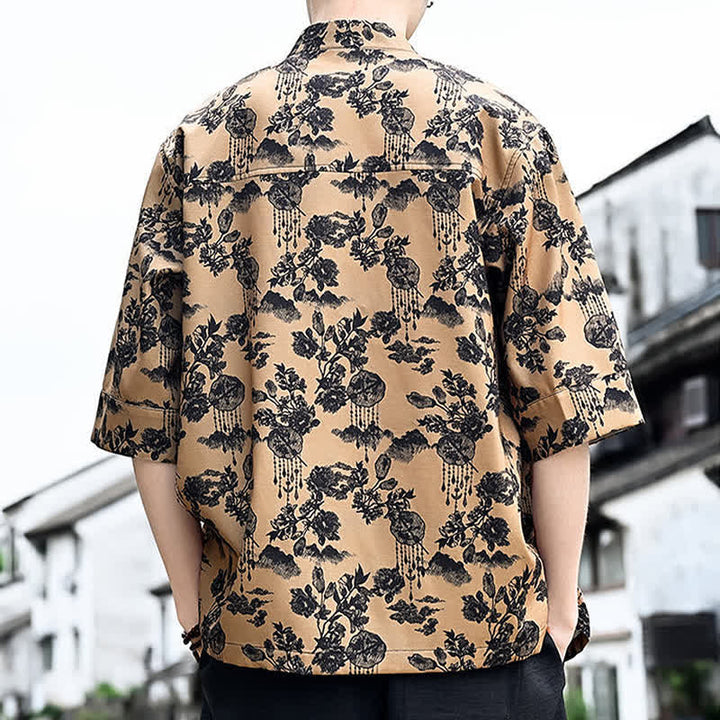Buddha Stones 夏物唐風 カエルボタン 花柄 葉 蝶柄 メンズ 肘丈袖シャツ 胸ポケット付き - image 14
