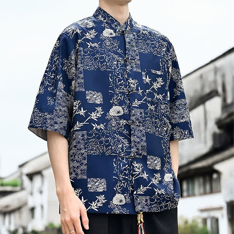 Buddha Stones 夏物唐風 カエルボタン 花柄 葉 蝶柄 メンズ 肘丈袖シャツ 胸ポケット付き - image 8