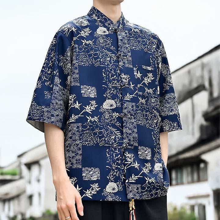 Buddha Stones 夏物唐風 カエルボタン 花柄 葉 蝶柄 メンズ 肘丈袖シャツ 胸ポケット付き - image 8