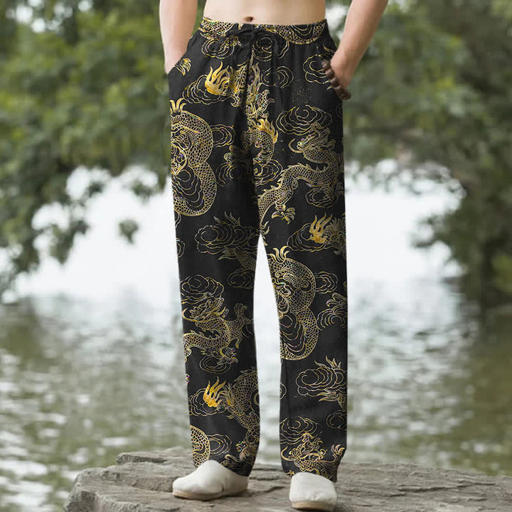 Buddha Stones 綿素材、金龍雲柄、メンズテーパードパンツ（ポケット付き） - 黒 - US/UK/AU50、EU60（5XL） - image 0
