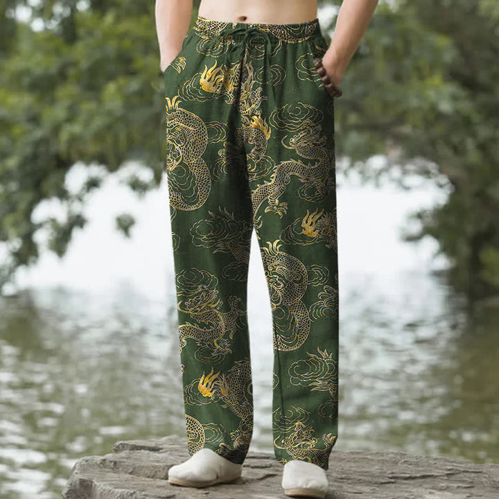 Buddha Stones 綿素材、金龍雲柄、メンズテーパードパンツ（ポケット付き） - フォレストグリーン - US/UK/AU50、EU60（5XL） - image 4