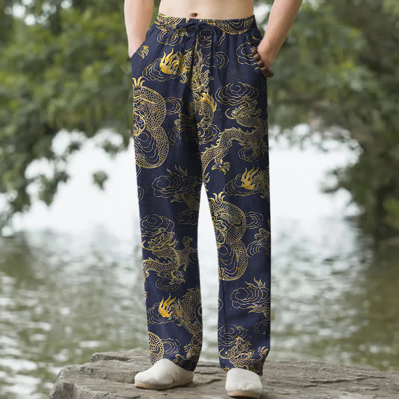 Buddha Stones 綿素材、金龍雲柄、メンズテーパードパンツ（ポケット付き） - 海軍 - US/UK/AU50、EU60（5XL） - image 6