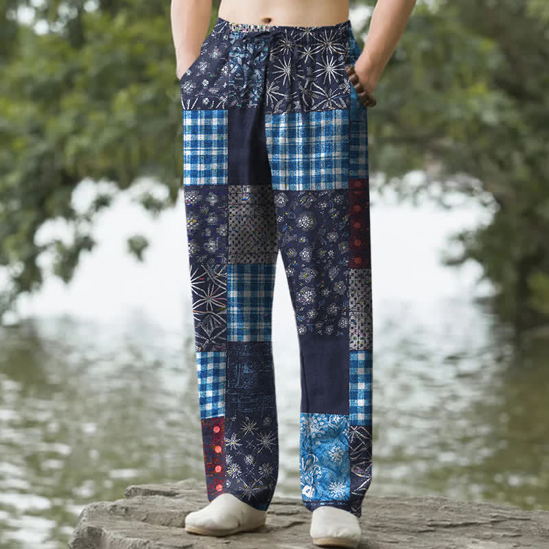 Buddha Stones コットンパッチワーク花柄メンズテーパードパンツ（ポケット付き） - 海軍 - US/UK/AU50、EU60（5XL） - image 0