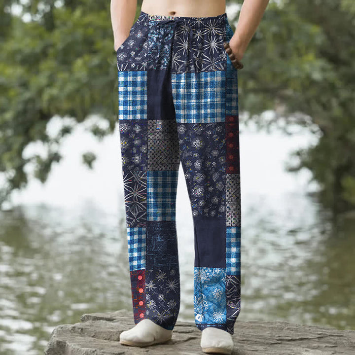 Buddha Stones コットンパッチワーク花柄メンズテーパードパンツ（ポケット付き） - 海軍 - US/UK/AU50、EU60（5XL） - image 0