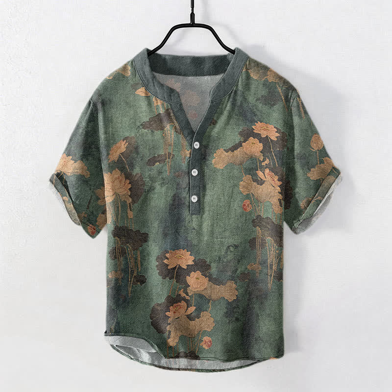 Buddha Stones コットン製ロータス花柄メンズ半袖ハーフボタンシャツ - ダークオリーブグリーン - US/UK/AU50、EU60（5XL） - image 0