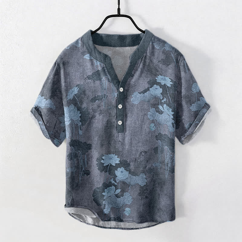 Buddha Stones コットン製ロータス花柄メンズ半袖ハーフボタンシャツ - スレートグレー - US/UK/AU50、EU60（5XL） - image 5