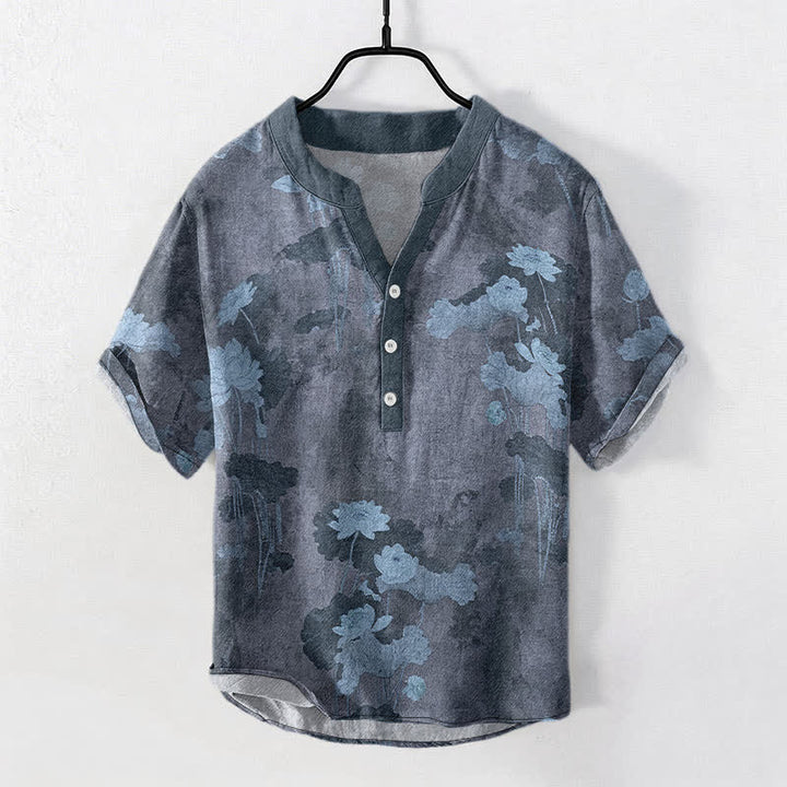Buddha Stones コットン製ロータス花柄メンズ半袖ハーフボタンシャツ - スレートグレー - US/UK/AU50、EU60（5XL） - image 5