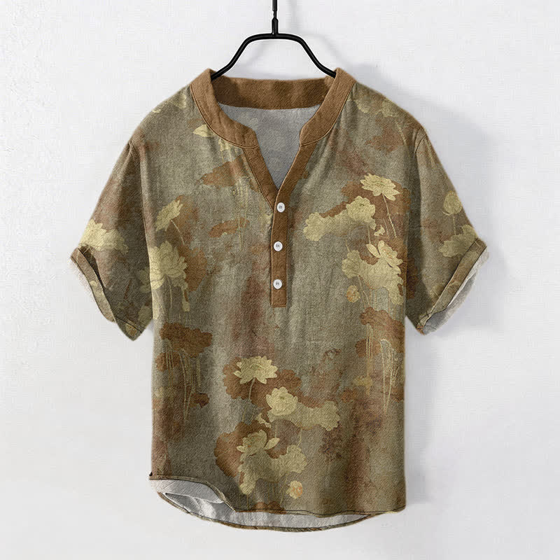 Buddha Stones コットン製ロータス花柄メンズ半袖ハーフボタンシャツ - オリーブ - US/UK/AU50、EU60（5XL） - image 7