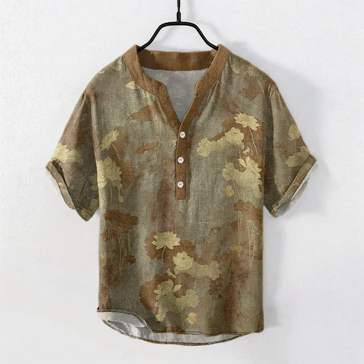 Buddha Stones コットン製ロータス花柄メンズ半袖ハーフボタンシャツ - オリーブ - US/UK/AU50、EU60（5XL） - image 7