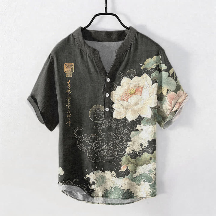 Buddha Stones コットン製ロータスウェーブ柄メンズ半袖ハーフボタンシャツ - 薄暗い灰色 - US/UK/AU50、EU60（5XL） - image 0