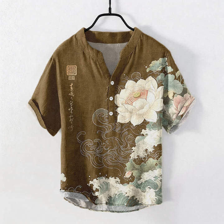 Buddha Stones コットン製ロータスウェーブ柄メンズ半袖ハーフボタンシャツ - サドルブラウン - US/UK/AU50、EU60（5XL） - image 5