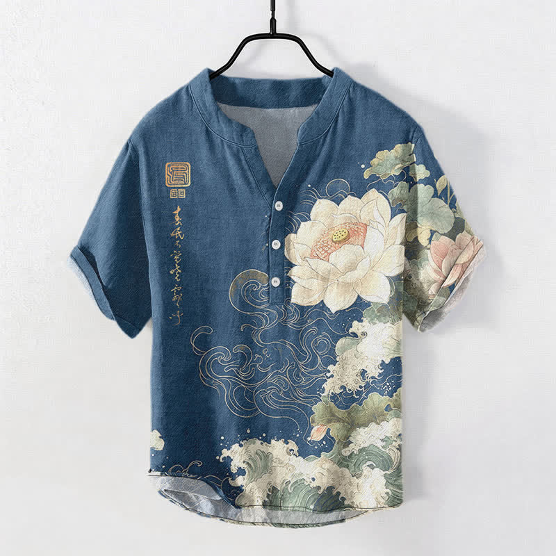 Buddha Stones コットン製ロータスウェーブ柄メンズ半袖ハーフボタンシャツ - スチールブルー - US/UK/AU50、EU60（5XL） - image 7