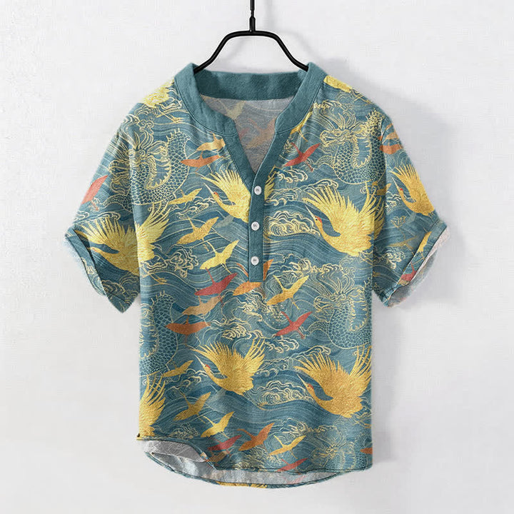 Buddha Stones 綿素材の飛鶴波模様メンズ半袖ハーフボタンシャツ - ティール - US/UK/AU50、EU60（5XL） - image 5