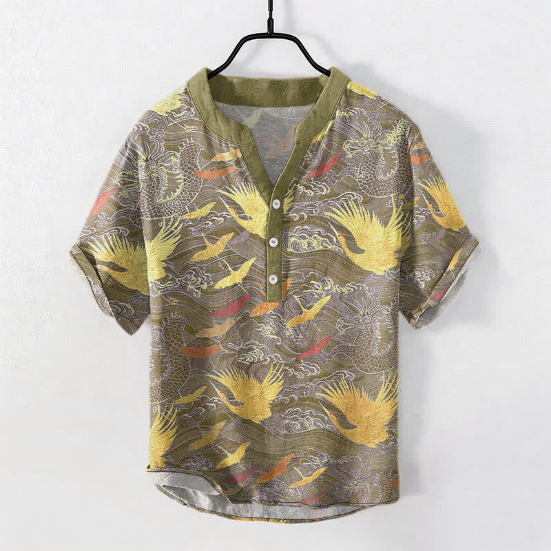 Buddha Stones 綿素材の飛鶴波模様メンズ半袖ハーフボタンシャツ - オリーブ - US/UK/AU50、EU60（5XL） - image 7