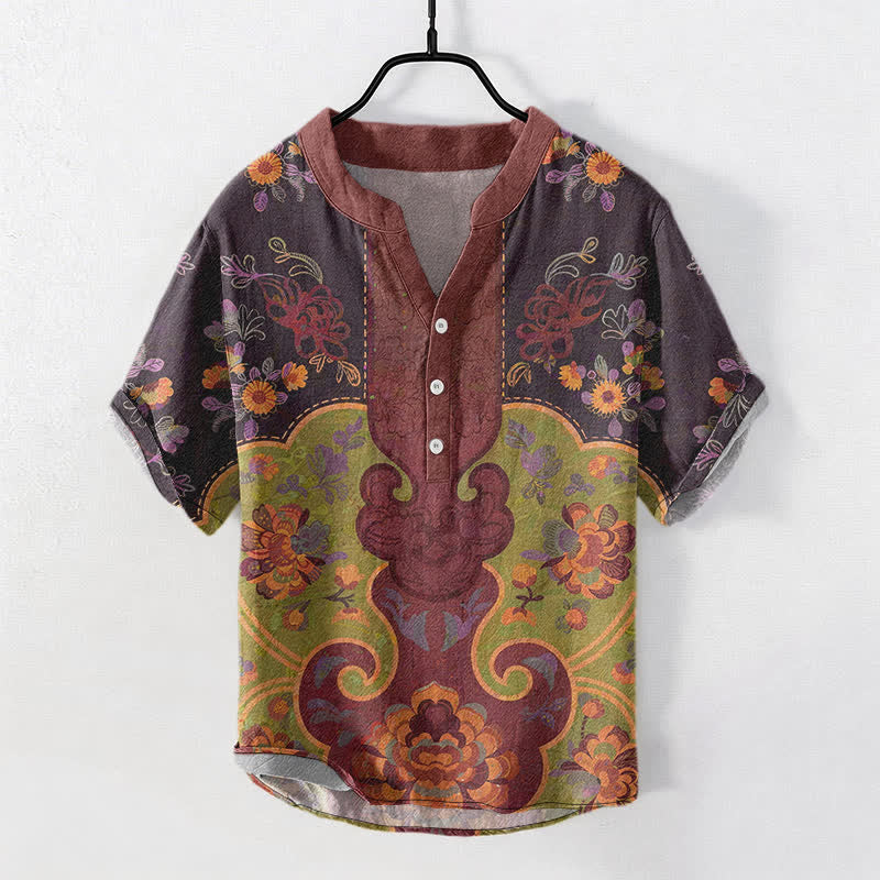 Buddha Stones コットン素材のバロック調花柄メンズ半袖ハーフボタンシャツ - マルーン - US/UK/AU50、EU60（5XL） - image 0