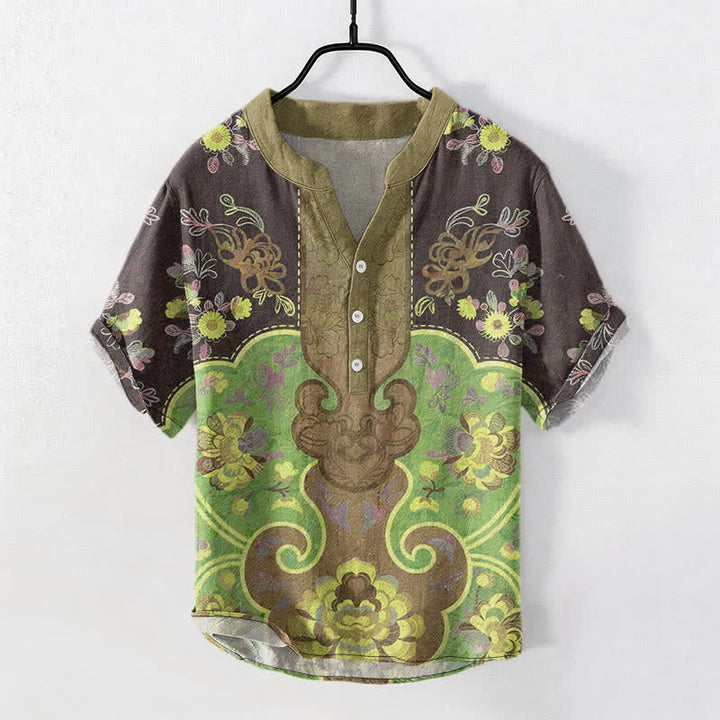 Buddha Stones コットン素材のバロック調花柄メンズ半袖ハーフボタンシャツ - オリーブ - US/UK/AU50、EU60（5XL） - image 5