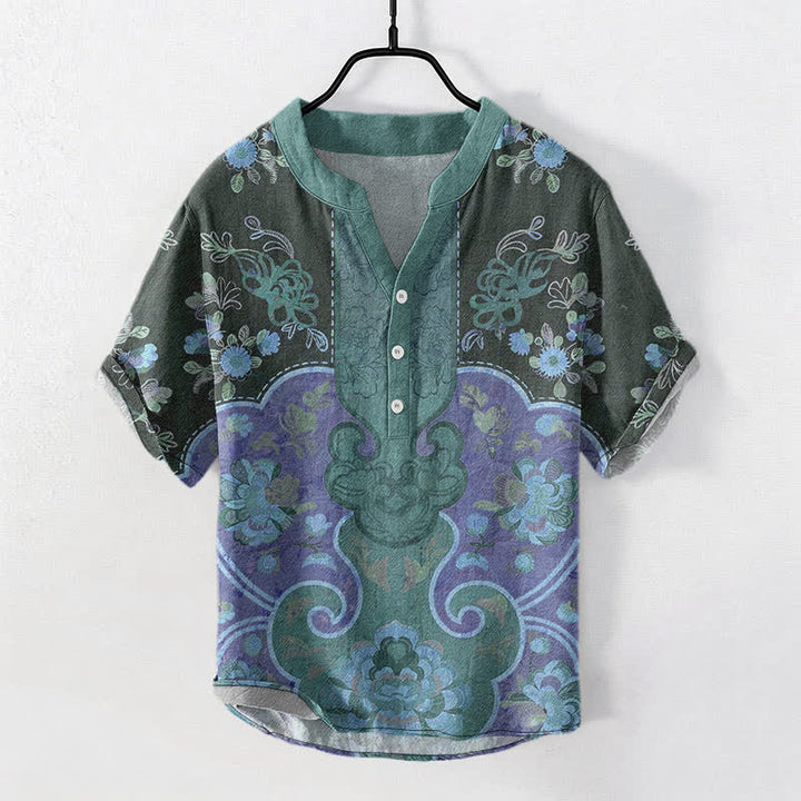 Buddha Stones コットン素材のバロック調花柄メンズ半袖ハーフボタンシャツ - ティール - US/UK/AU50、EU60（5XL） - image 7