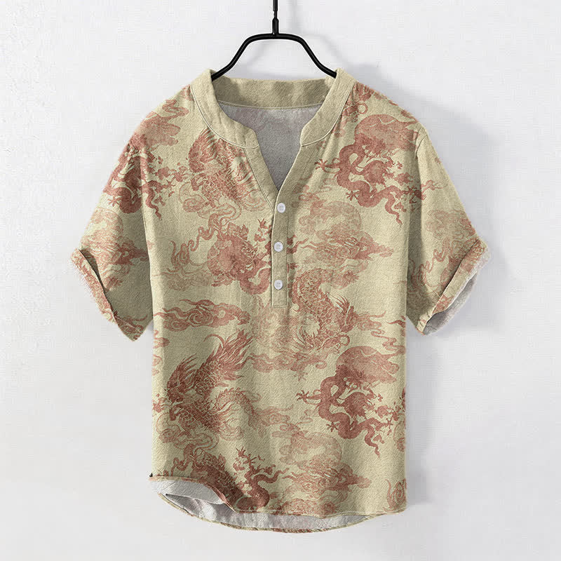 Buddha Stones コットン製ヴィンテージドラゴン柄メンズ半袖ハーフボタンシャツ - 小麦 - US/UK/AU50、EU60（5XL） - image 0