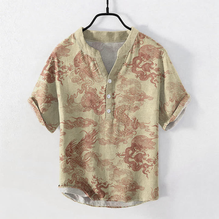 Buddha Stones コットン製ヴィンテージドラゴン柄メンズ半袖ハーフボタンシャツ - 小麦 - US/UK/AU50、EU60（5XL） - image 0