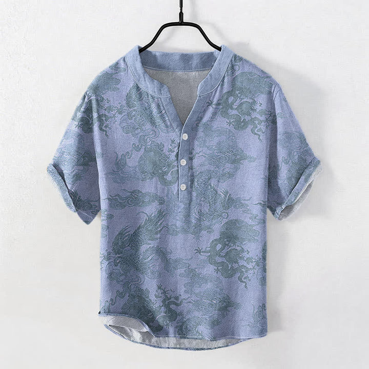 Buddha Stones コットン製ヴィンテージドラゴン柄メンズ半袖ハーフボタンシャツ - 水色 - US/UK/AU50、EU60（5XL） - image 3