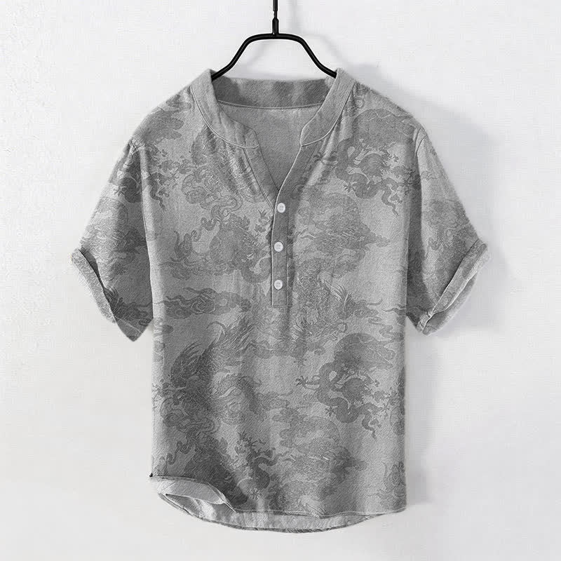 Buddha Stones コットン製ヴィンテージドラゴン柄メンズ半袖ハーフボタンシャツ - ライトグレー - US/UK/AU50、EU60（5XL） - image 5