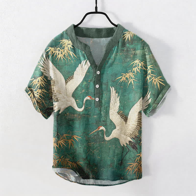 Buddha Stones 綿素材の鶴と竹の模様のメンズ半袖ハーフボタンシャツ - シーグリーン - US/UK/AU50、EU60（5XL） - image 0