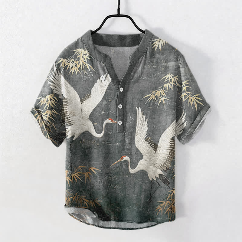 Buddha Stones 綿素材の鶴と竹の模様のメンズ半袖ハーフボタンシャツ - ダークグレー - US/UK/AU50、EU60（5XL） - image 5