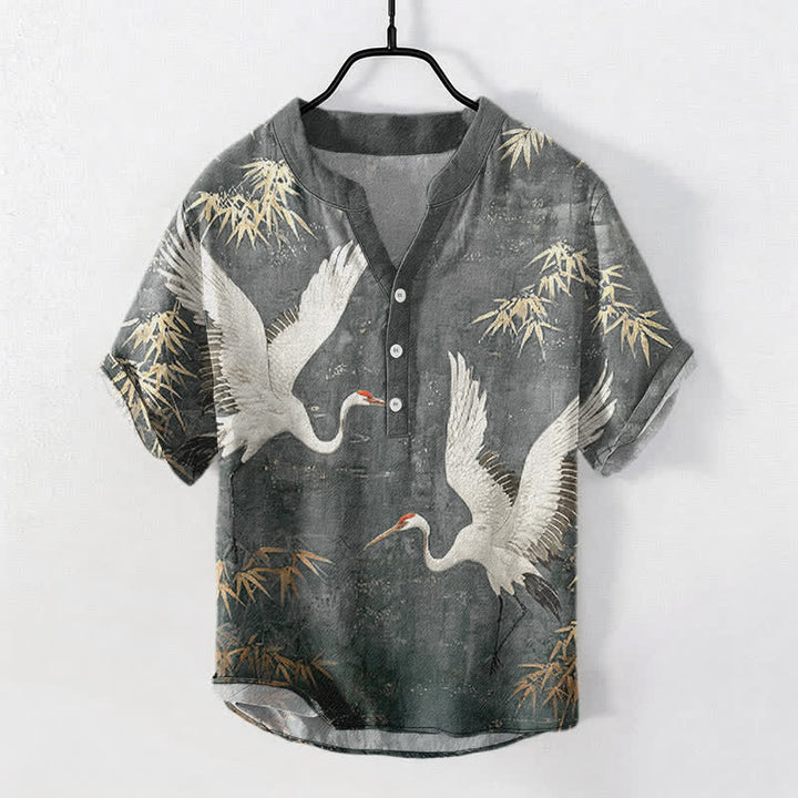 Buddha Stones 綿素材の鶴と竹の模様のメンズ半袖ハーフボタンシャツ - ダークグレー - US/UK/AU50、EU60（5XL） - image 5