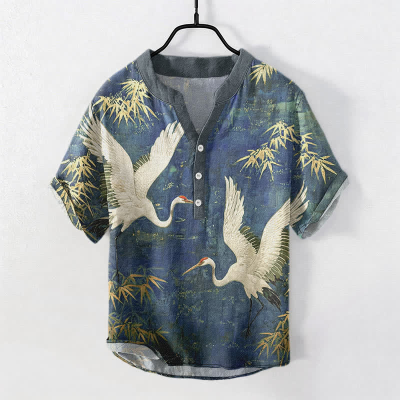 Buddha Stones 綿素材の鶴と竹の模様のメンズ半袖ハーフボタンシャツ - 海軍 - US/UK/AU50、EU60（5XL） - image 7