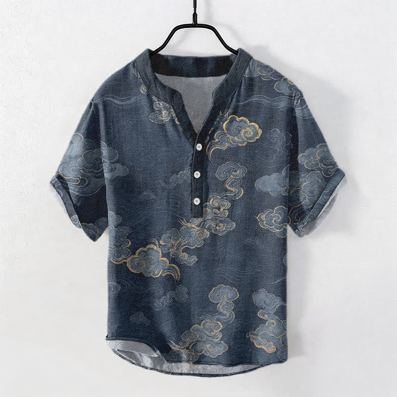 Buddha Stones 綿素材の縁起の良い雲柄メンズ半袖ハーフボタンシャツ - 海軍 - US/UK/AU50、EU60（5XL） - image 0