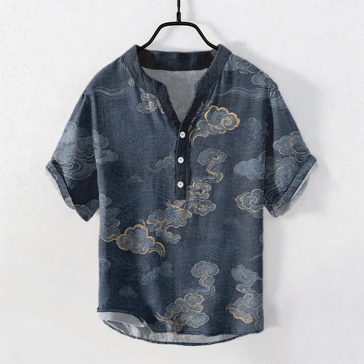 Buddha Stones 綿素材の縁起の良い雲柄メンズ半袖ハーフボタンシャツ - 海軍 - US/UK/AU50、EU60（5XL） - image 0