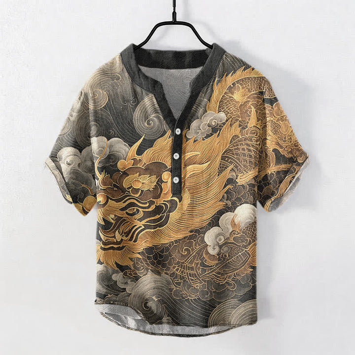 Buddha Stones 綿素材の金龍柄メンズ半袖ハーフボタンシャツ - 薄暗い灰色 - US/UK/AU50、EU60（5XL） - image 0