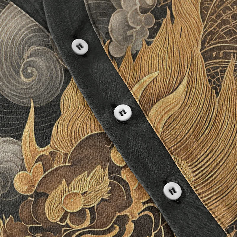 Buddha Stones 綿素材の金龍柄メンズ半袖ハーフボタンシャツ - image 3
