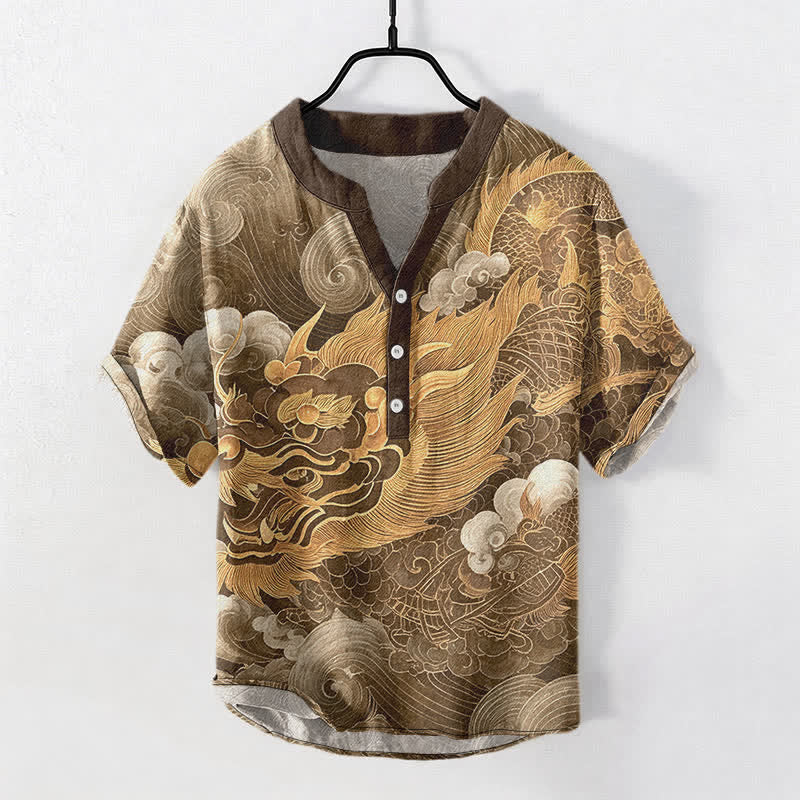 Buddha Stones 綿素材の金龍柄メンズ半袖ハーフボタンシャツ - サドルブラウン - US/UK/AU50、EU60（5XL） - image 5