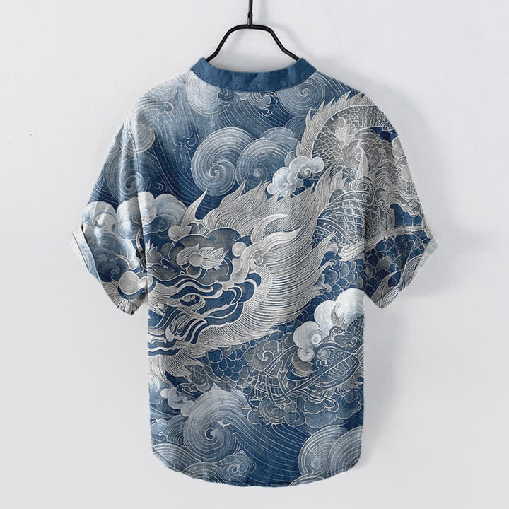 Buddha Stones 綿素材の金龍柄メンズ半袖ハーフボタンシャツ - スチールブルー - US/UK/AU50、EU60（5XL） - image 7