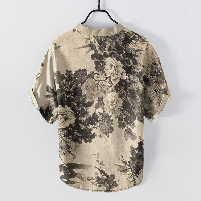 Buddha Stones コットンインク花柄メンズ半袖ハーフボタンシャツ - ベージュ - US/UK/AU50、EU60（5XL） - image 0
